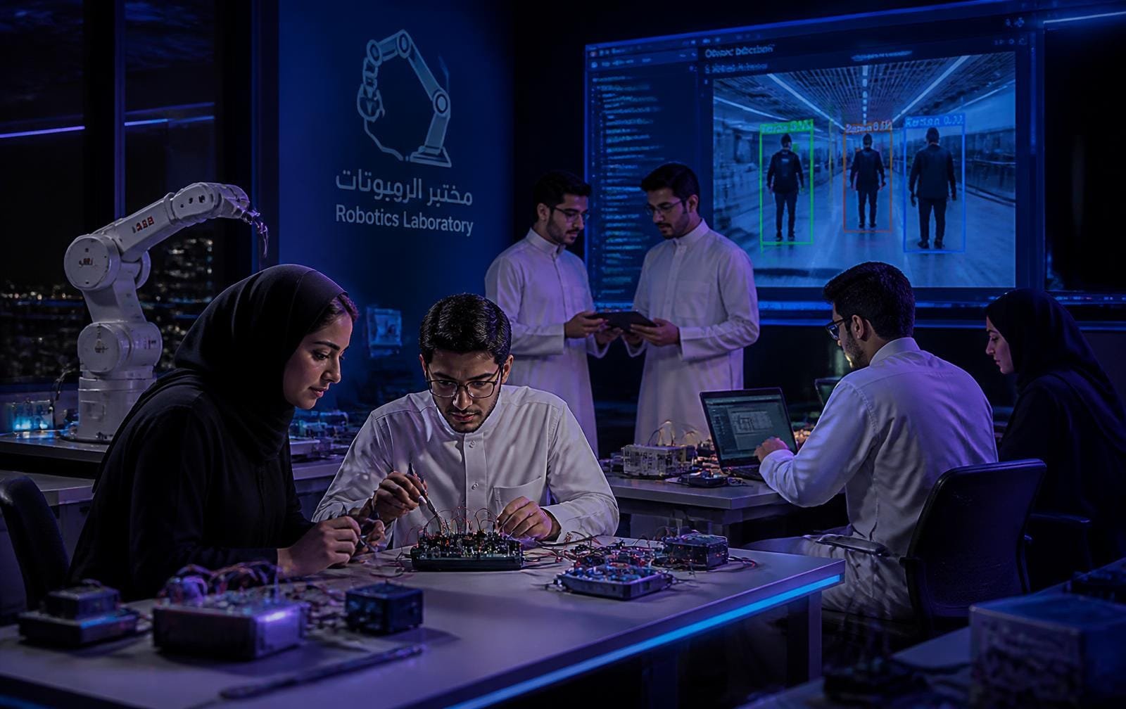 مختبر روبوتات تعليمي مع طلاب وذراع روبوتية وأنظمة رؤية حاسوبية